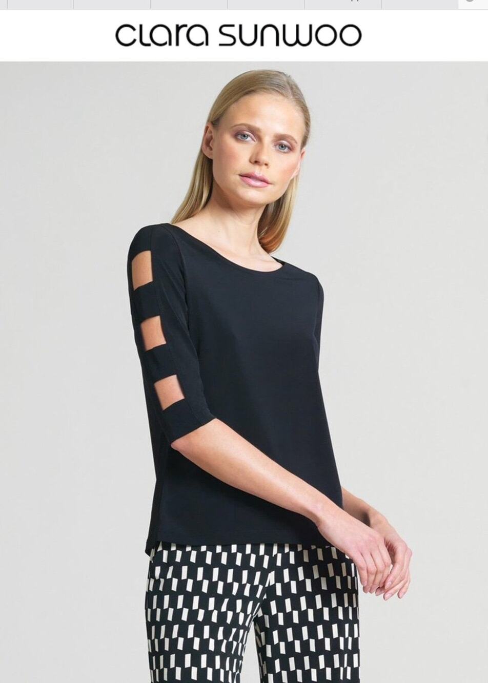 Clara Sunwoo Top Medium Black Ladder Sleeve Stretch Blouse Made In USA